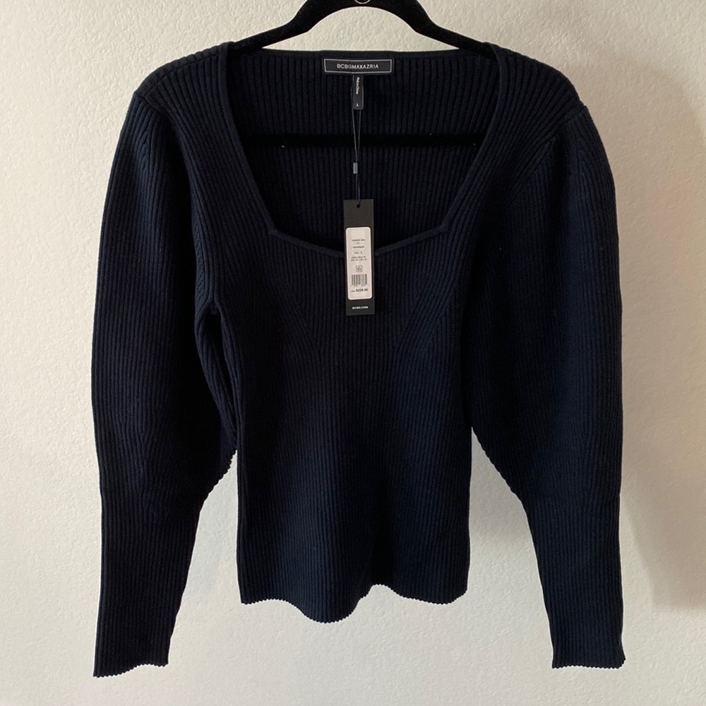 NWT BCBGMAXAZRIA Black Square Neck Ribbed Sweater